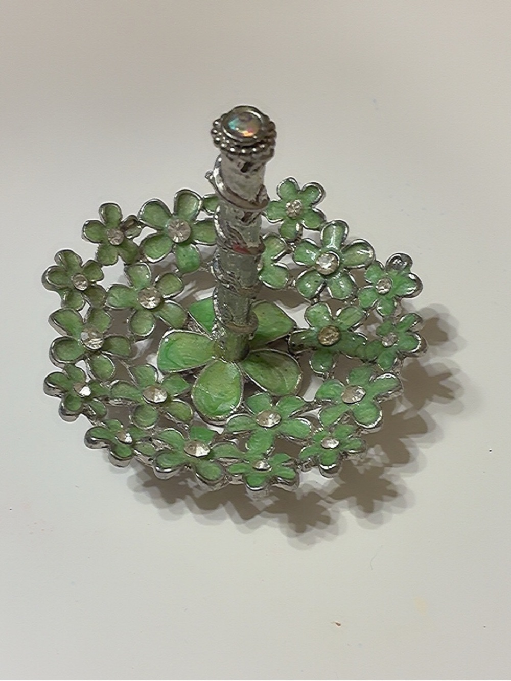 Green Floral Metal Jewelry Stand with Gem Accents